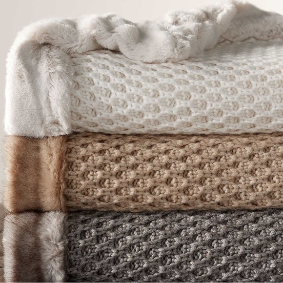 POTTERY BARN GREIGE CROCHET KNIT FUR TRIM THROW BLANKET - Picture 1 of 9